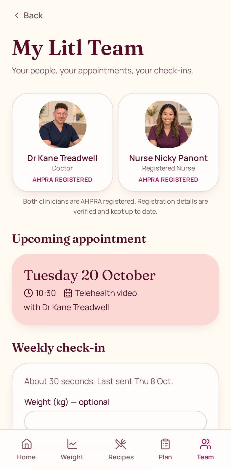 My Litl Team screen showing the patient’s doctor, nurse, upcoming appointment and weekly check-in