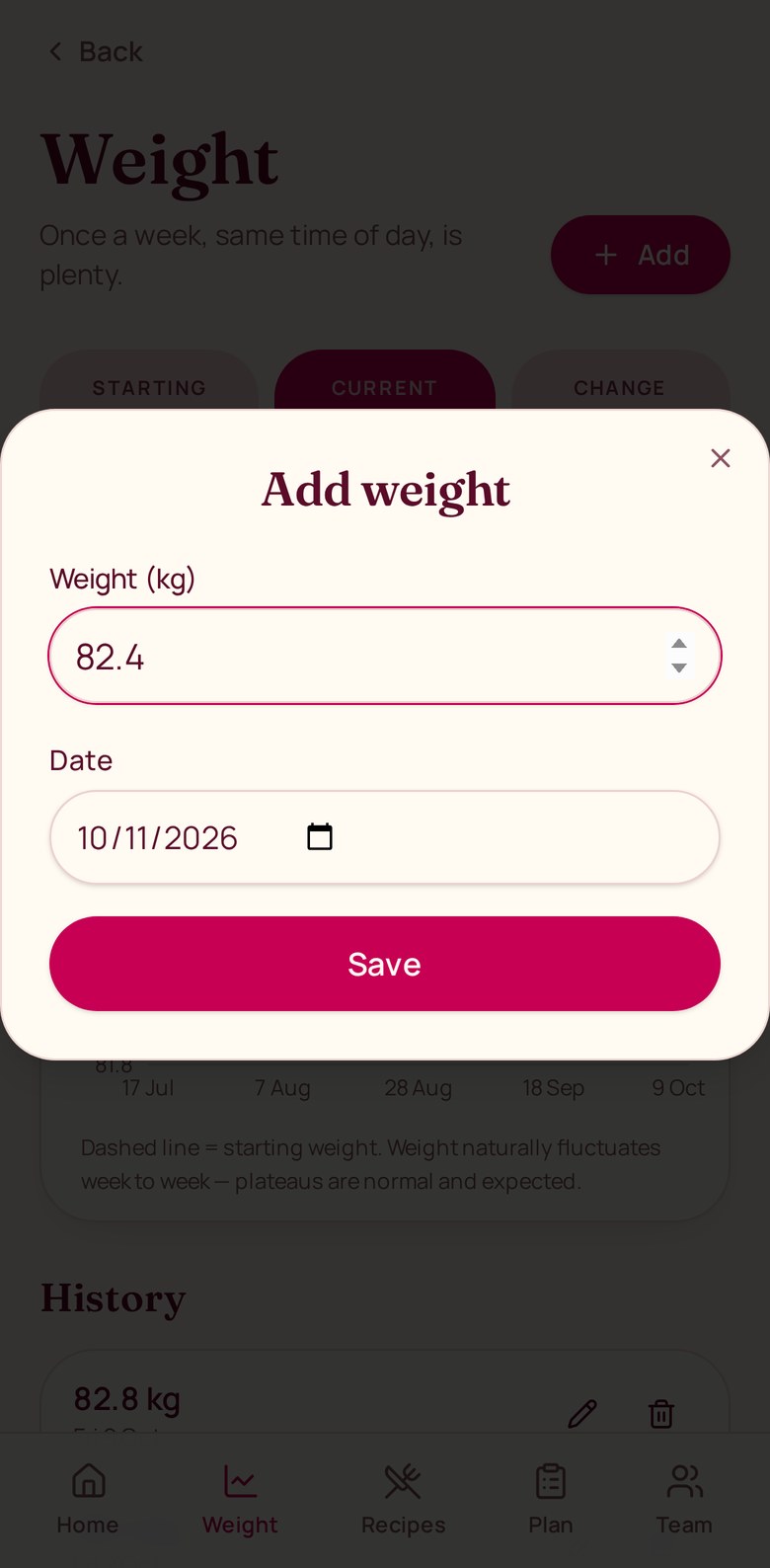 Patient adding this week’s weight in the litl app