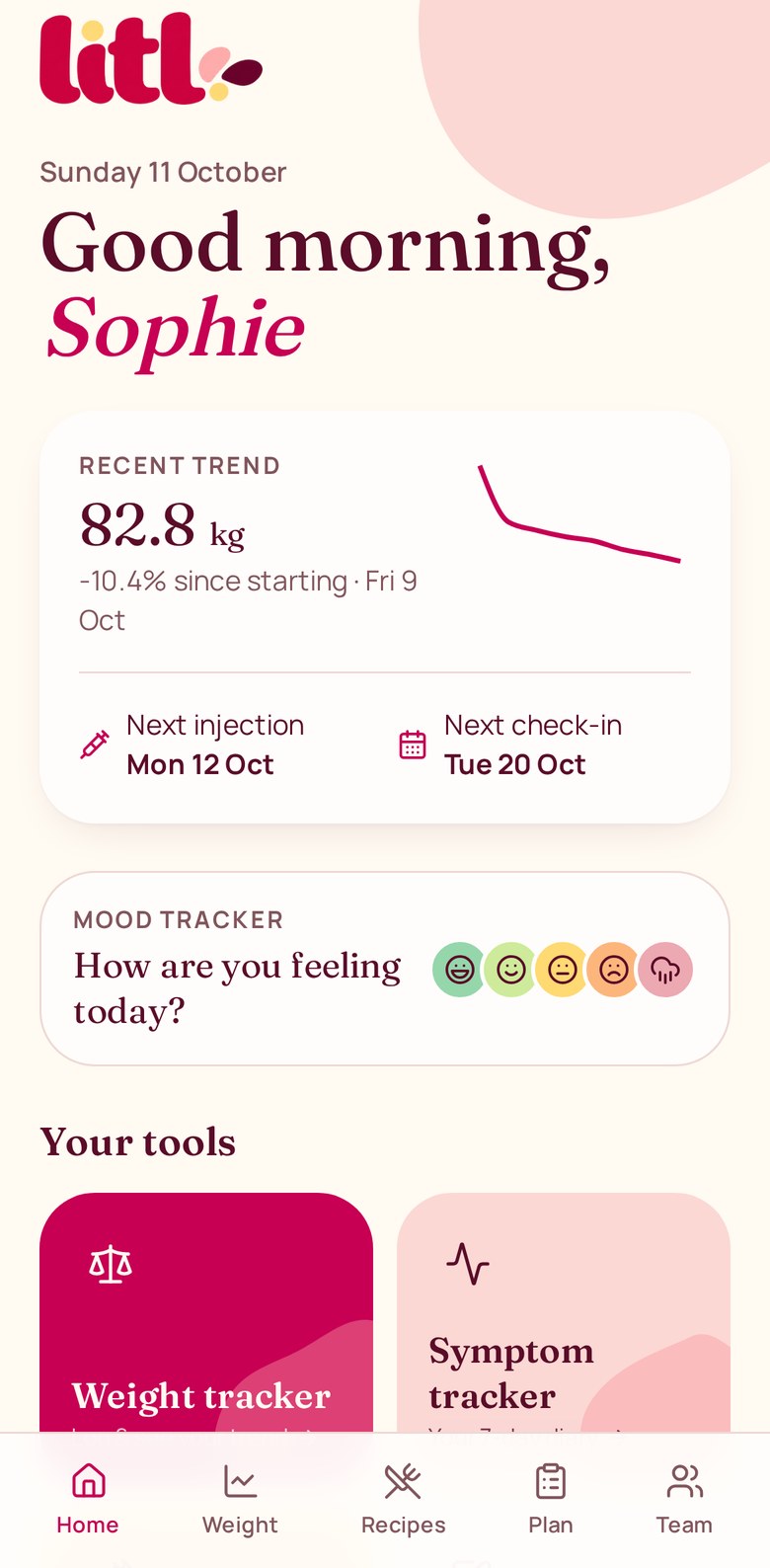 litl app home screen with recent weight trend, next injection and check-in dates, and a mood tracker