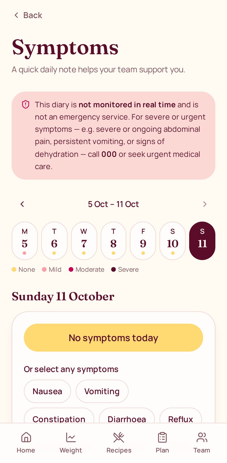 litl app symptom diary with a weekly calendar and symptom options