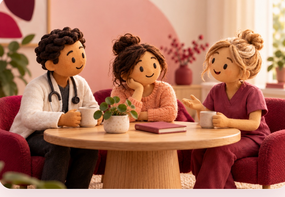 Conceptual felt illustration of three care-team characters around a table